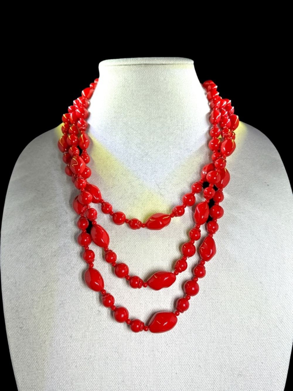 Vintage Three-Strand Red Lucite Beaded Necklace for Women